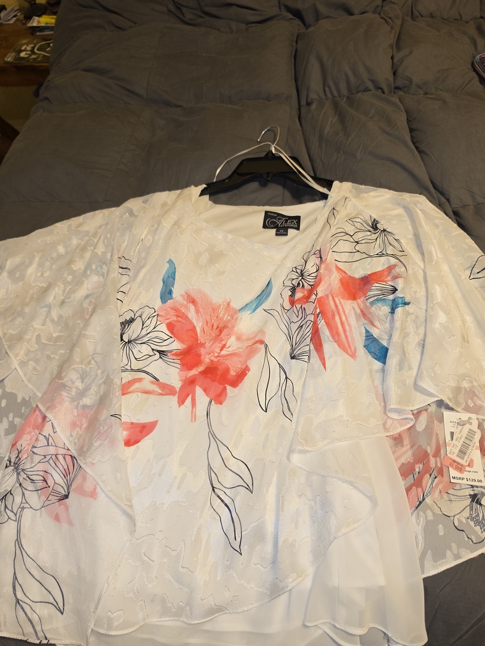 Alex Evenings White Chiffon Blouse with Coral and Teal Floral Print